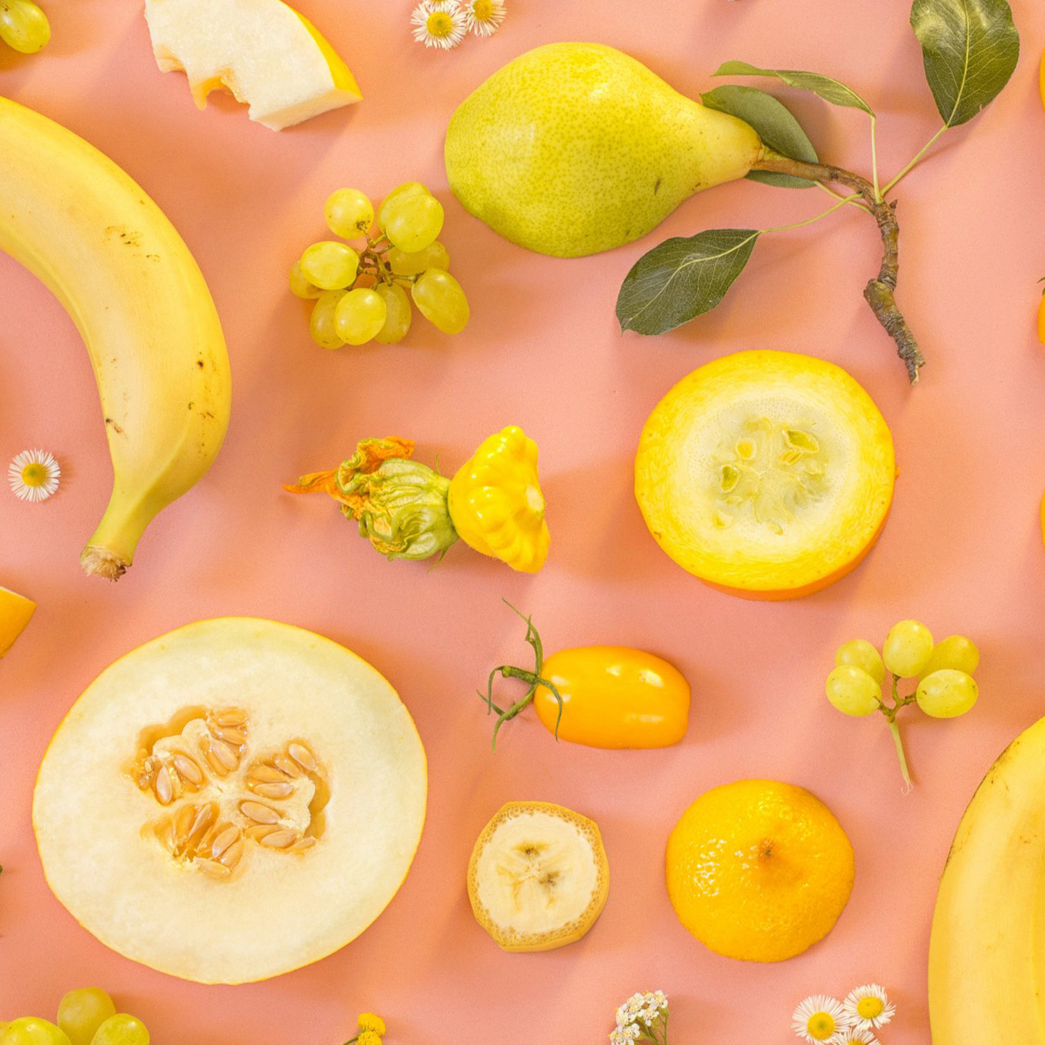 Stillleben mit Früchten und Gemüse: Banane, Trauben, Birne, Patisson, Melone, Tomate.